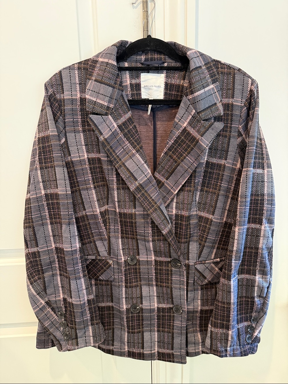 Avec Les Filles Relaxed Plaid Double-Breasted Blazer Size 1X Navy/Brown LIKE NEW